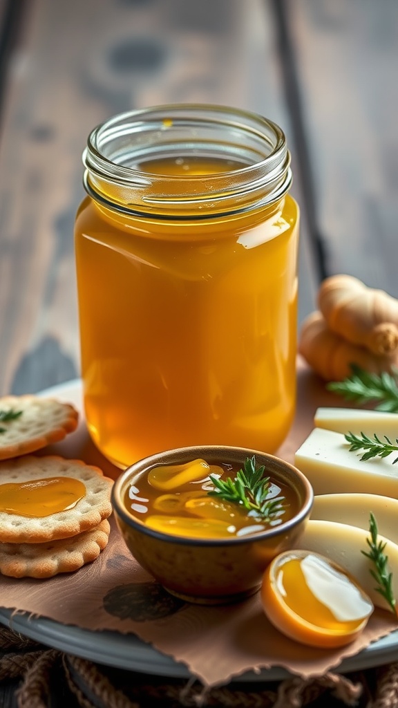 A jar of golden garlic jelly with a cheese board featuring crackers and cheese.